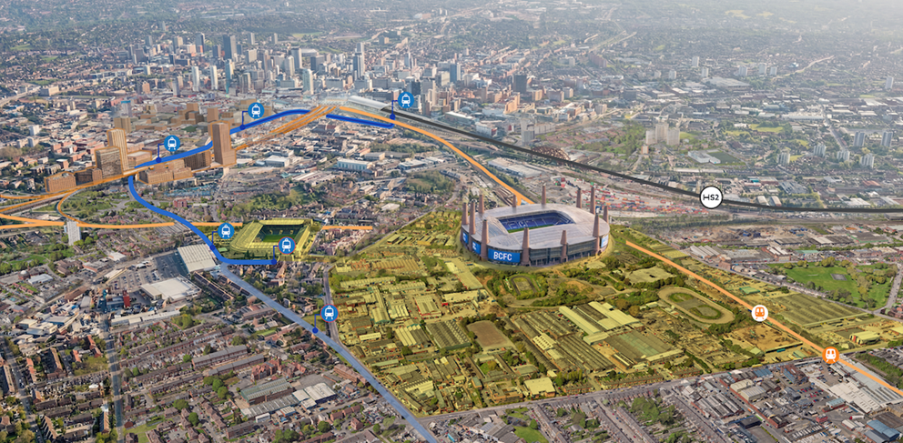 Aerial view of Birmingham showing the proposed Metro extension from Digbeth, through Bordesley and the St Andrew’s area, before continuing eastwards into the new Sports Quarter in East Birmingham. The highlighted tram route and proposed stops show how the extension will connect passengers from the city centre and Digbeth through Bordesley to the new Birmingham City FC stadium and wider Sports Quarter development.