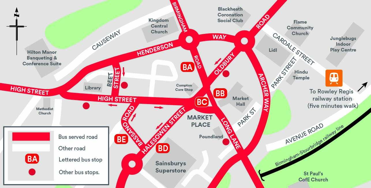 Blackheath Interchange map showing bus stops, main roads, landmarks, and route to Rowley Regis station.